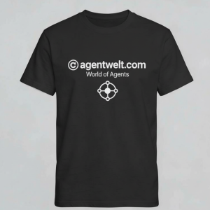 Black AgentWelt t-shirt with agentwelt.com logo and World of Agents tagline