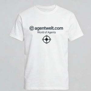 Agentwelt.com merchandise will soon be available. White T-shirt